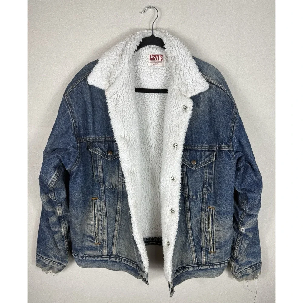 Vtg 80's LEVIS Men's Sherpa Lined Jacket San Francisco Acid Wash Denim Coat Sz L